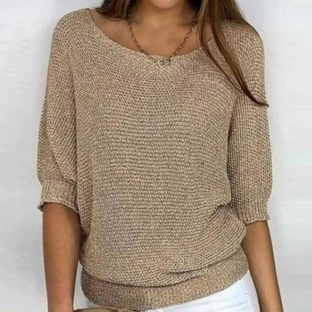 Nora – Round Neck Knitted Sweater With Three-Fourths Sleeves