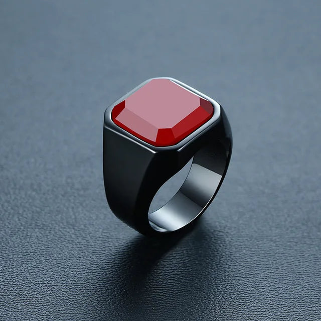 Oliver – Signet Ring With Square-Cut Stone Inlay & Polished Stainless Steel Band