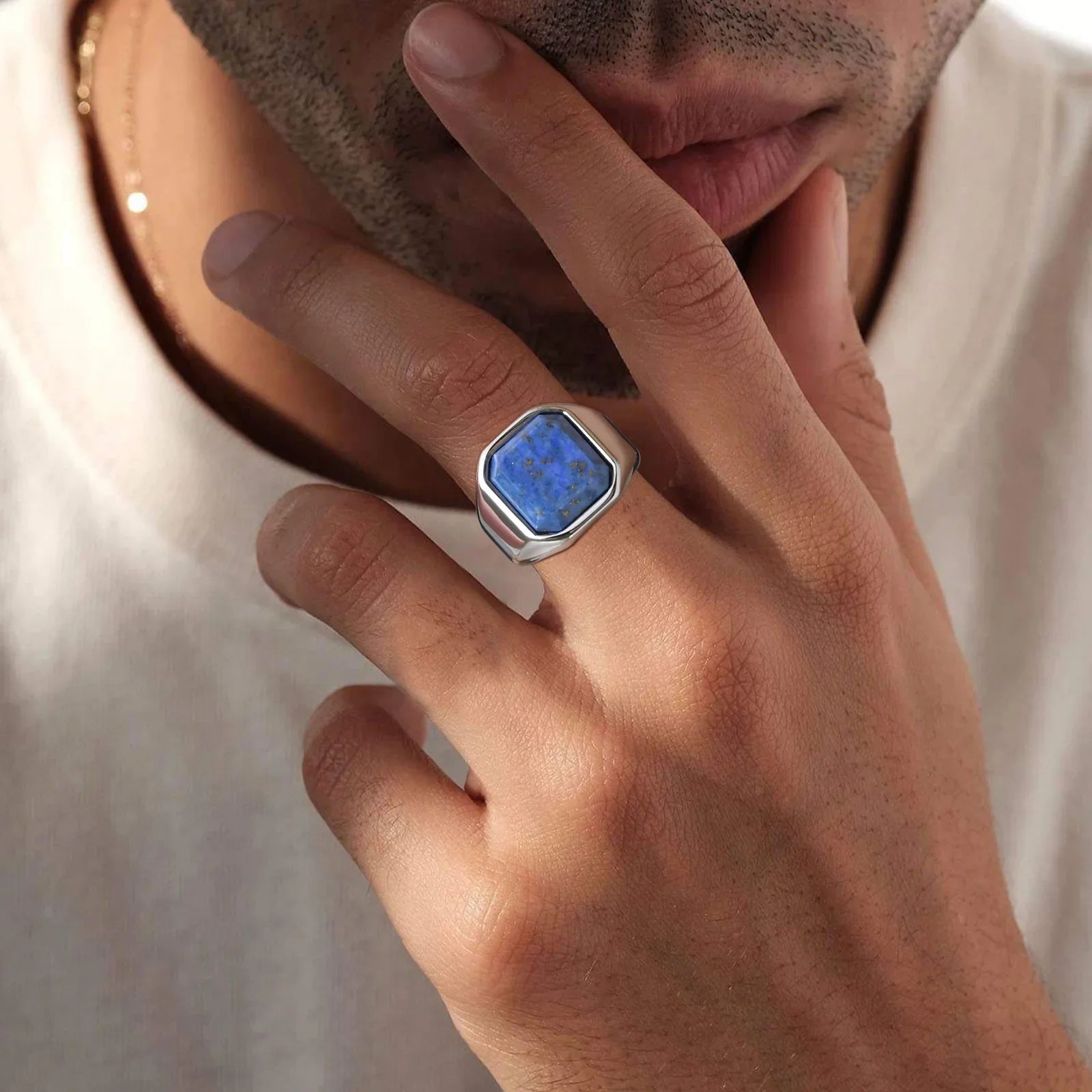 Oliver – Signet Ring With Square-Cut Stone Inlay & Polished Stainless Steel Band
