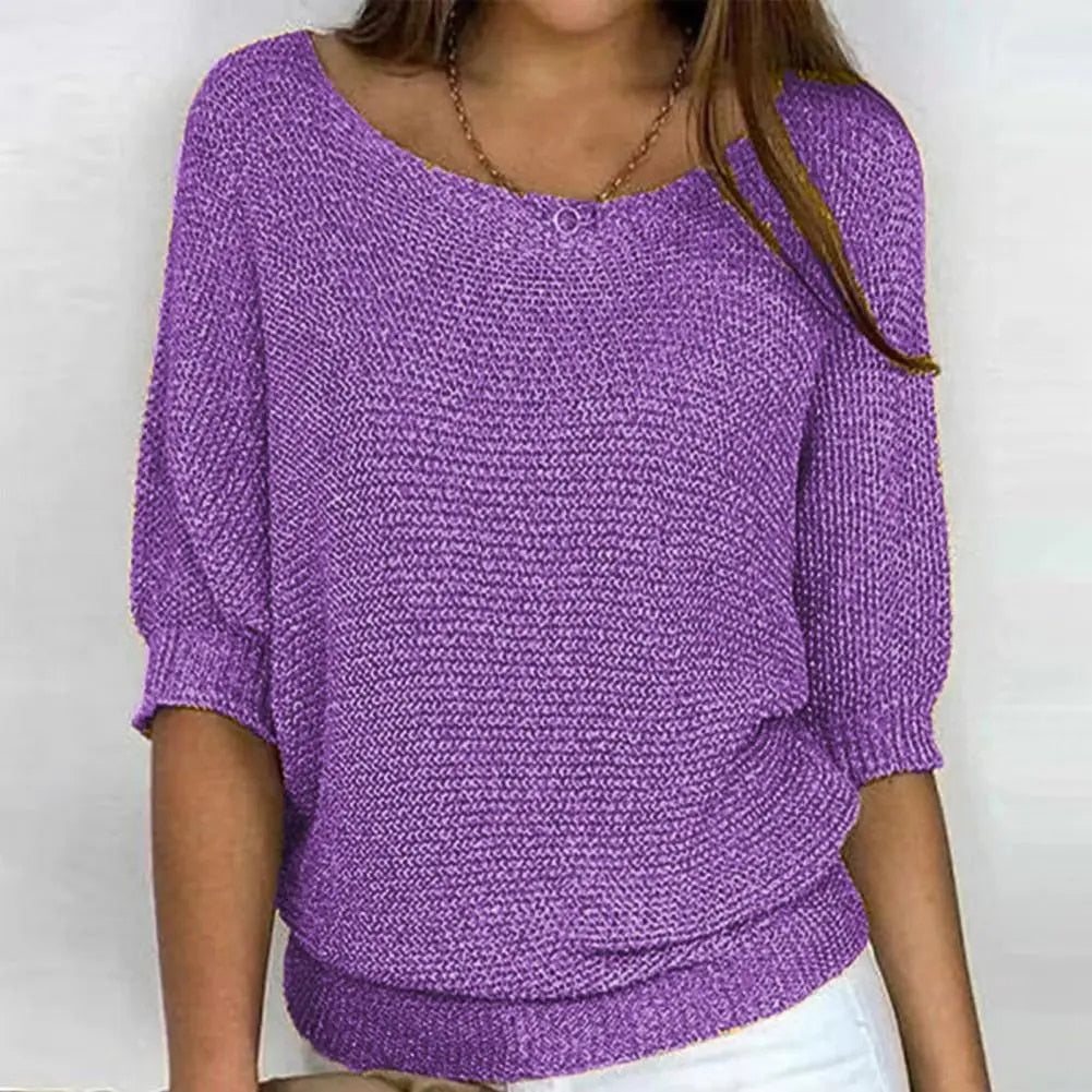 Nora – Round Neck Knitted Sweater With Three-Fourths Sleeves