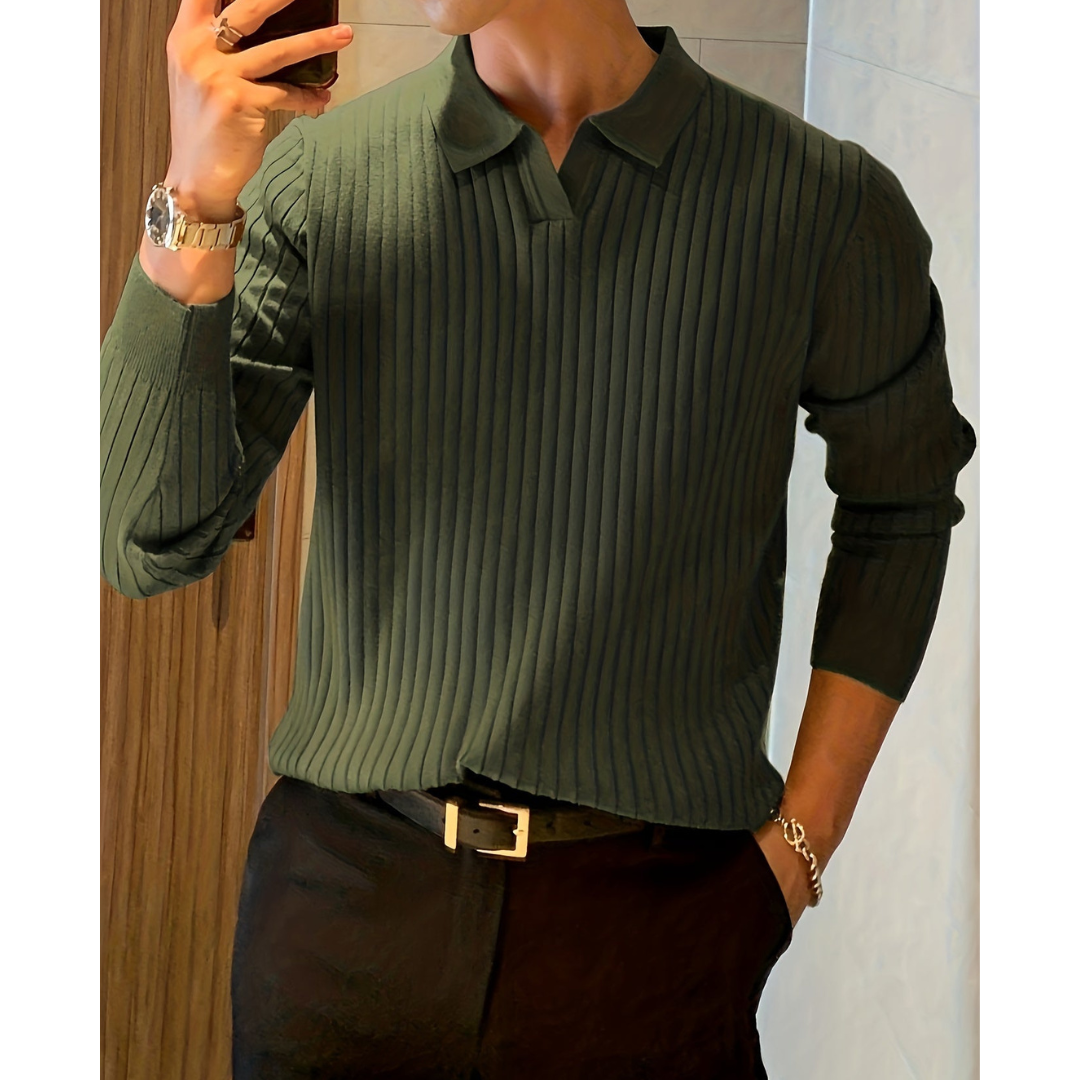 Denvar – Knitted Sweater With Polo Collar and Patterned Texture