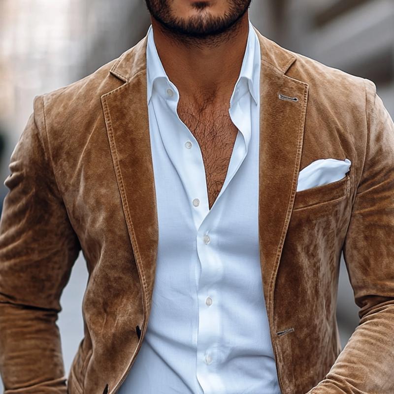Corvan – Faux Suede Look Blazer With Notch Lapel and Two-Button Closure