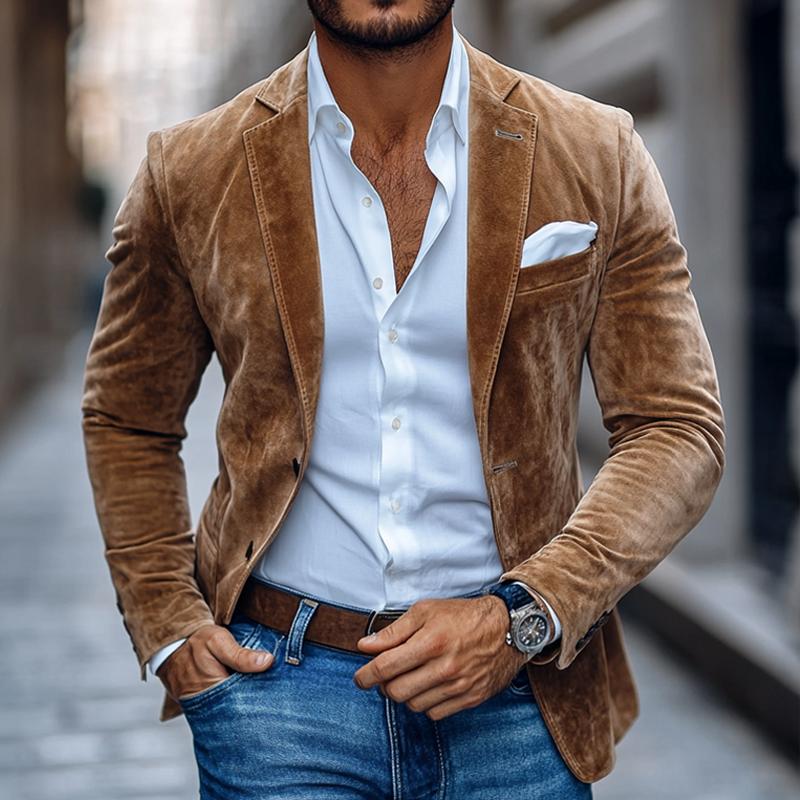 Corvan – Faux Suede Look Blazer With Notch Lapel and Two-Button Closure