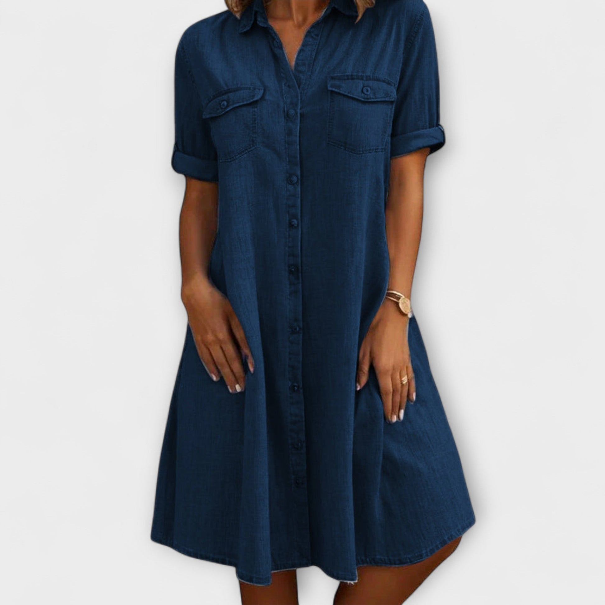 Selvara – Denim Shirt Dress With Button Front and A-Line Silhouette