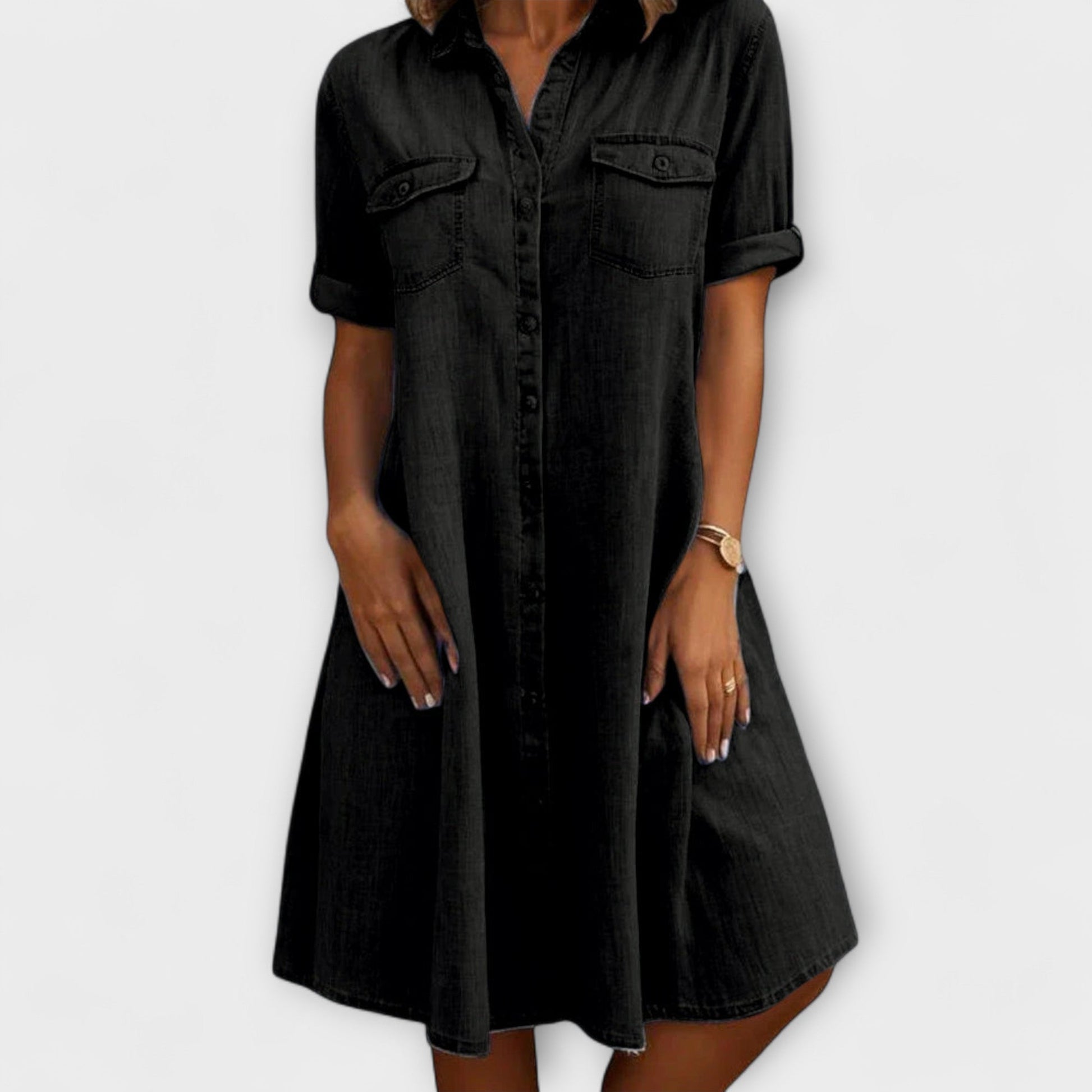 Selvara – Denim Shirt Dress With Button Front and A-Line Silhouette