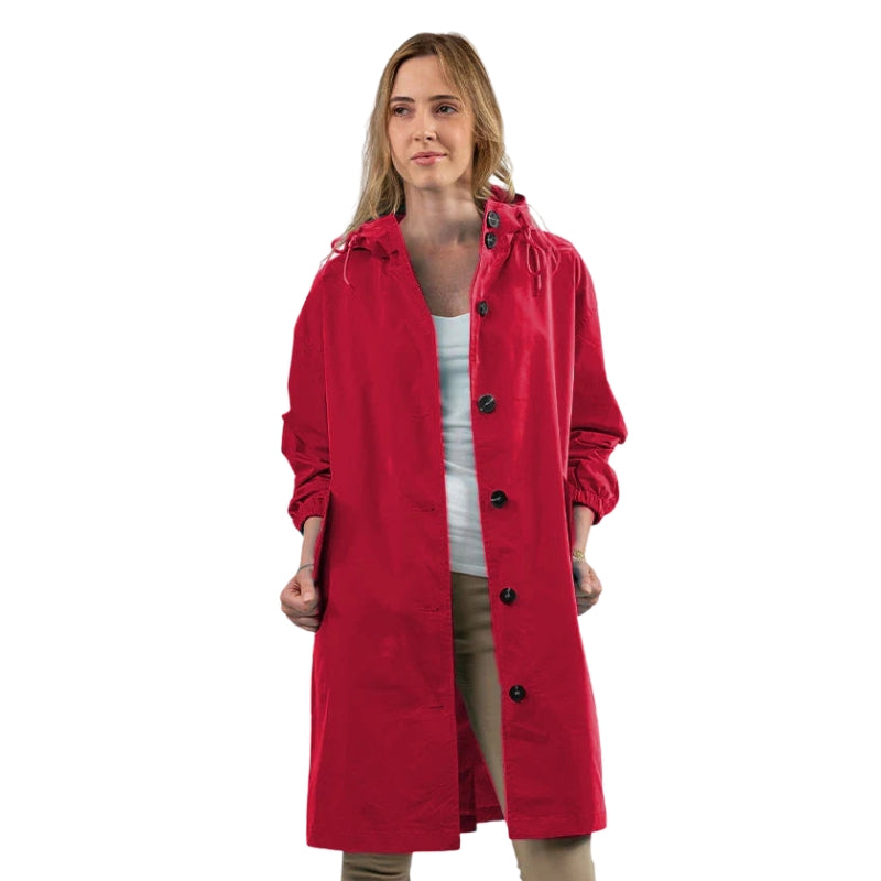 Aria – Hooded Long Jacket with Button Closure and Functional Pockets