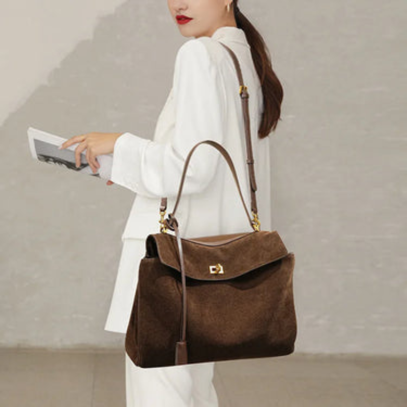 Isolde - Large Faux Suede Handbag with Rectangular Shape