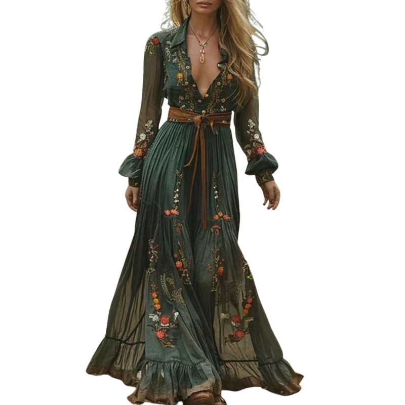 Valeria – Floral Maxi Dress with Long Sleeves, V-Neck and Pleated Design