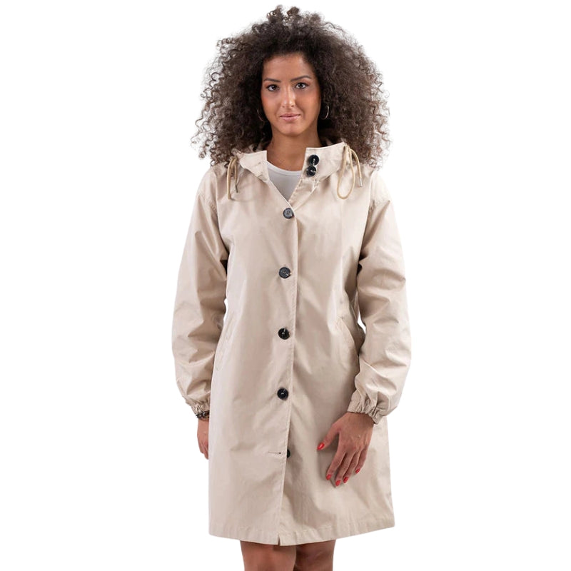Aria – Hooded Long Jacket with Button Closure and Functional Pockets