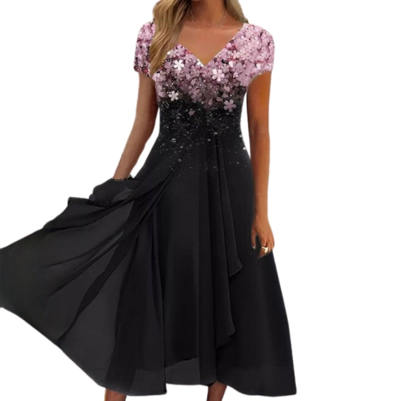 Elara – Maxi Dress with V-Neckline and Short Sleeves