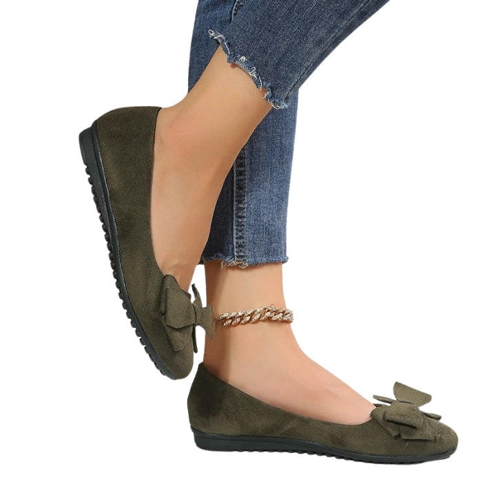Hannah – Round Toe PU Flats with Bow Accent and Rubber Sole