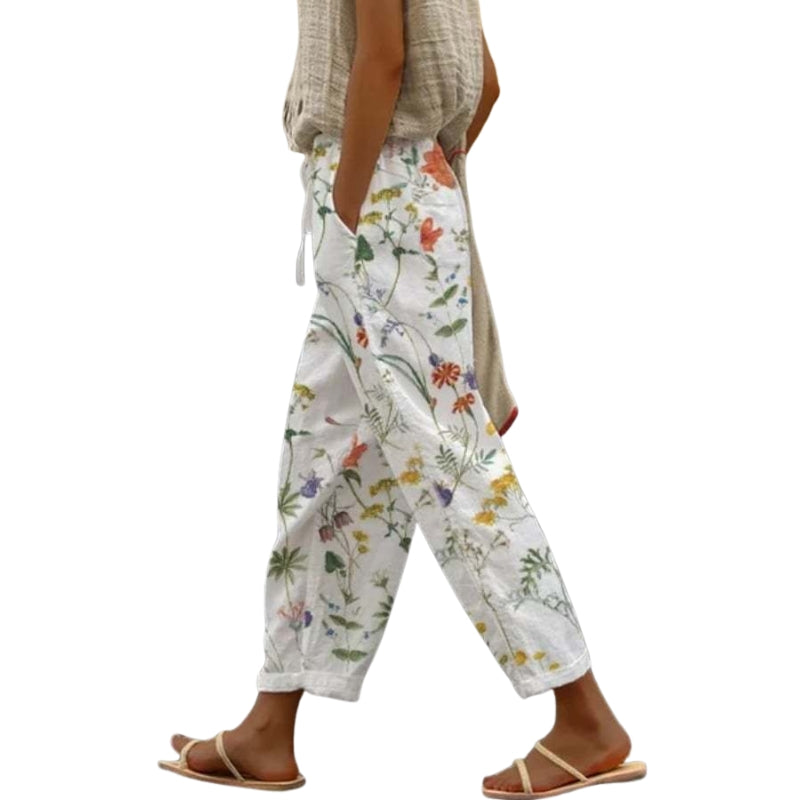 Emma – Loose Fit Floral Print Trousers with Rolled Legs and Drawstring Waist