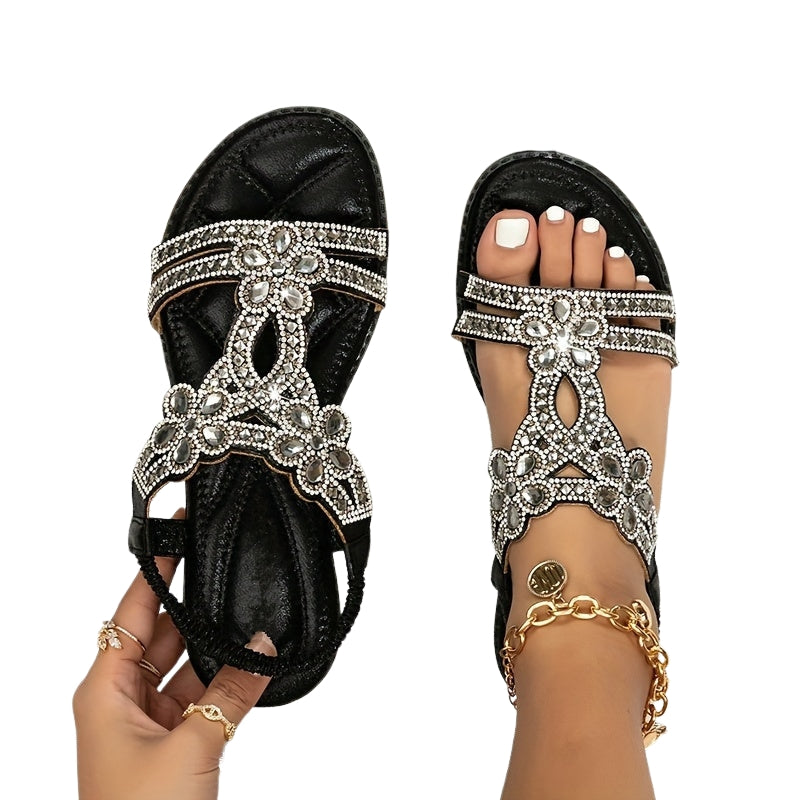 Amira – T Strap Sandals with Floral Accents and Rhinestone Details