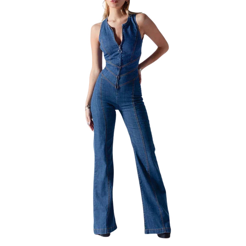 Sofia – Sleeveless Denim Jumpsuit with Zip Front and Flared Legs