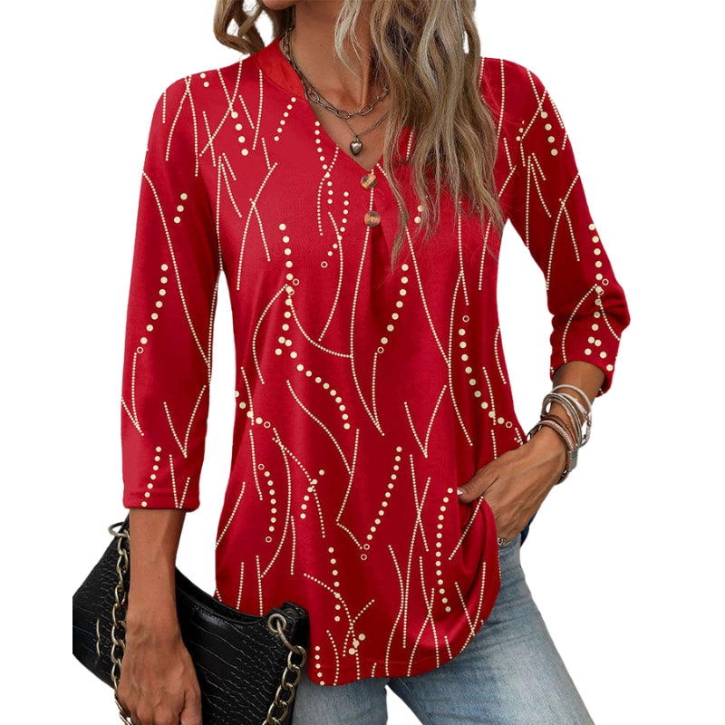 Marena – Patterned V-Neck Blouse with 3/4 Sleeves