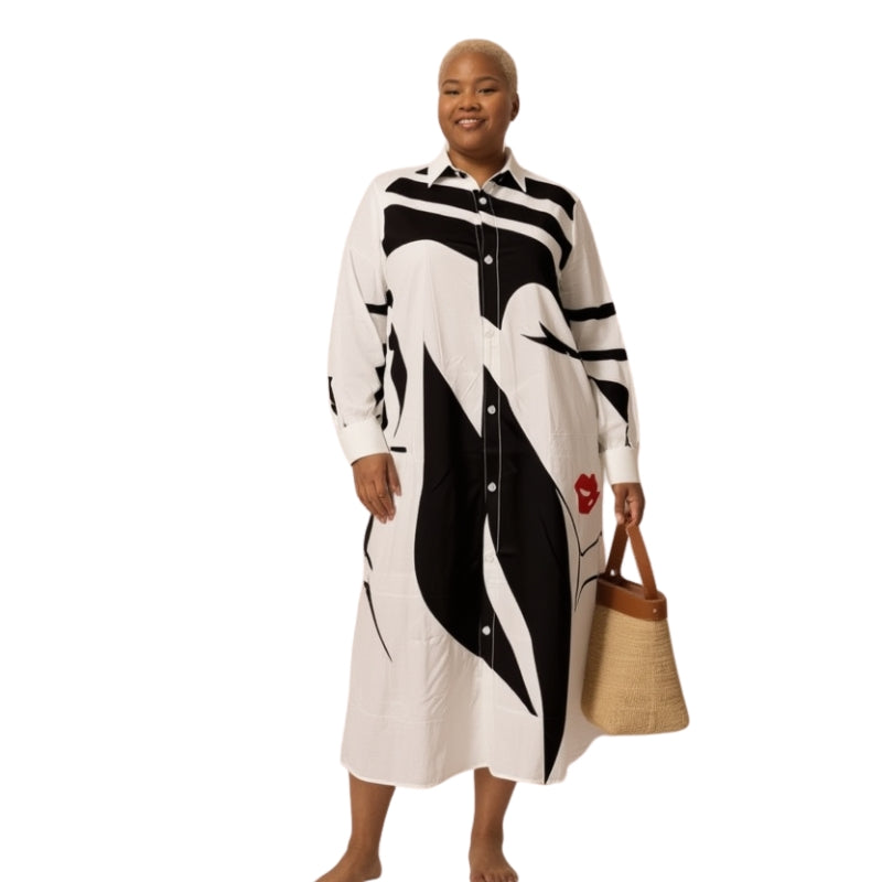 Annika – Long Sleeve Printed Shirt Dress with Buttons