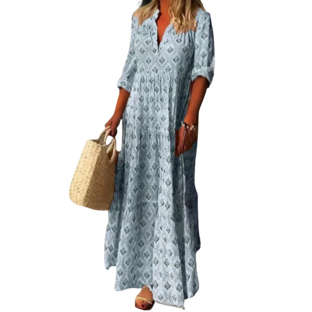 Leona – Long Sleeve V-Neck Floral Print Dress