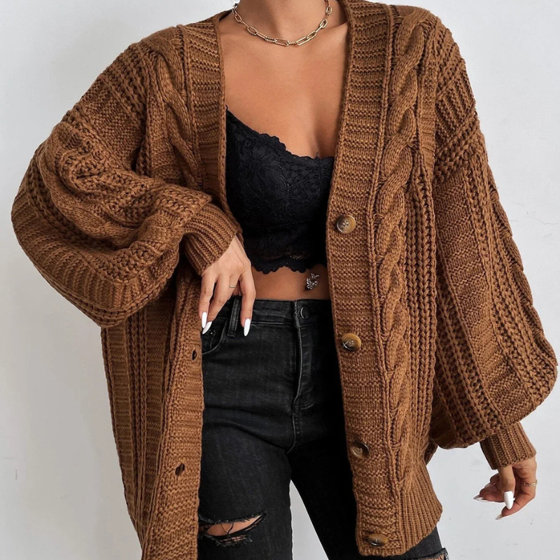 Anna – Cable Knit Cardigan With Button Front and Ribbed Trim