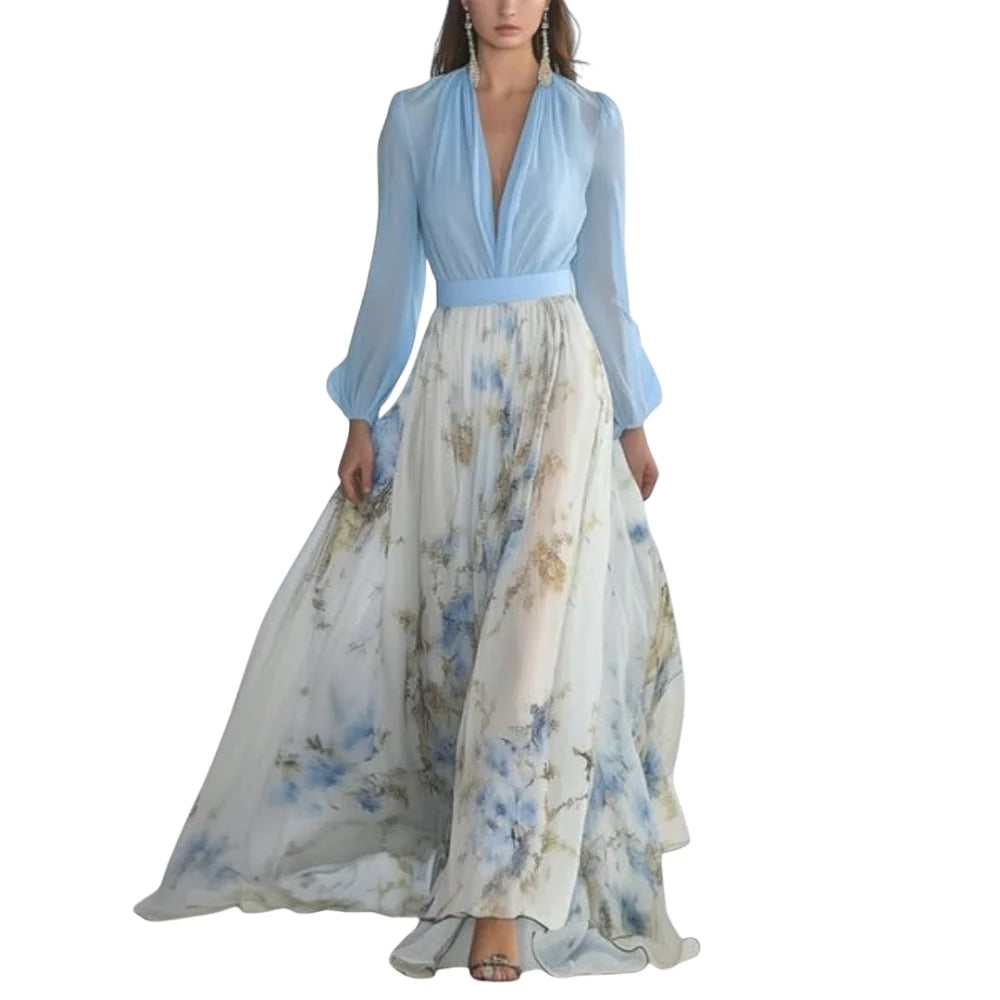 Elina – Long Sleeve Maxi Dress with V-Neck and Watercolor Floral Print