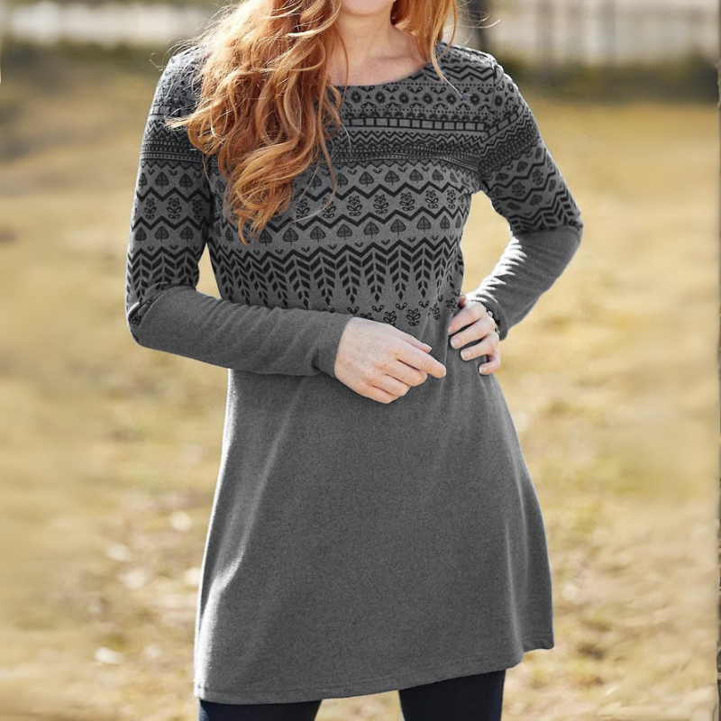 Elaris – Long Sleeve Dress With Geometric-Inspired Print in Brushed Fabric