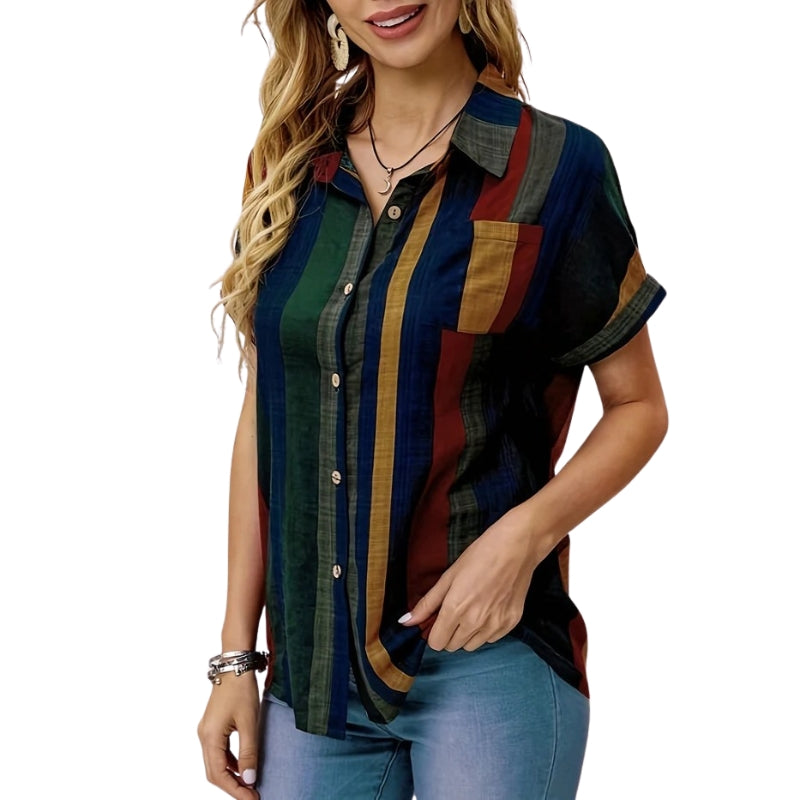 Clara – Striped Button-Down Blouse with Short Sleeves and Chest Pocket