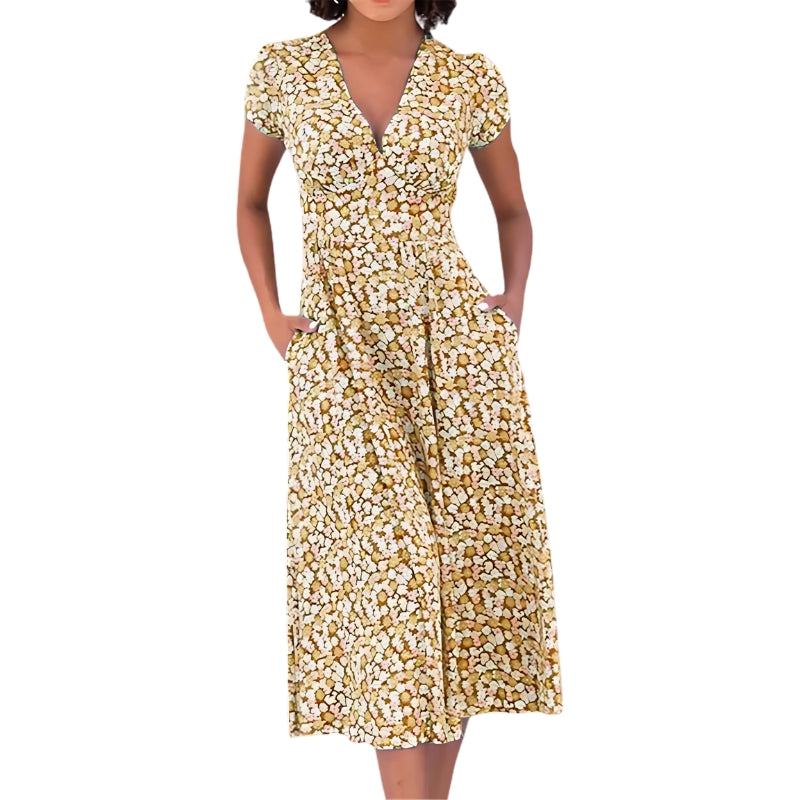 Joan – Floral Midi Dress with V-Neck and Cap Sleeves