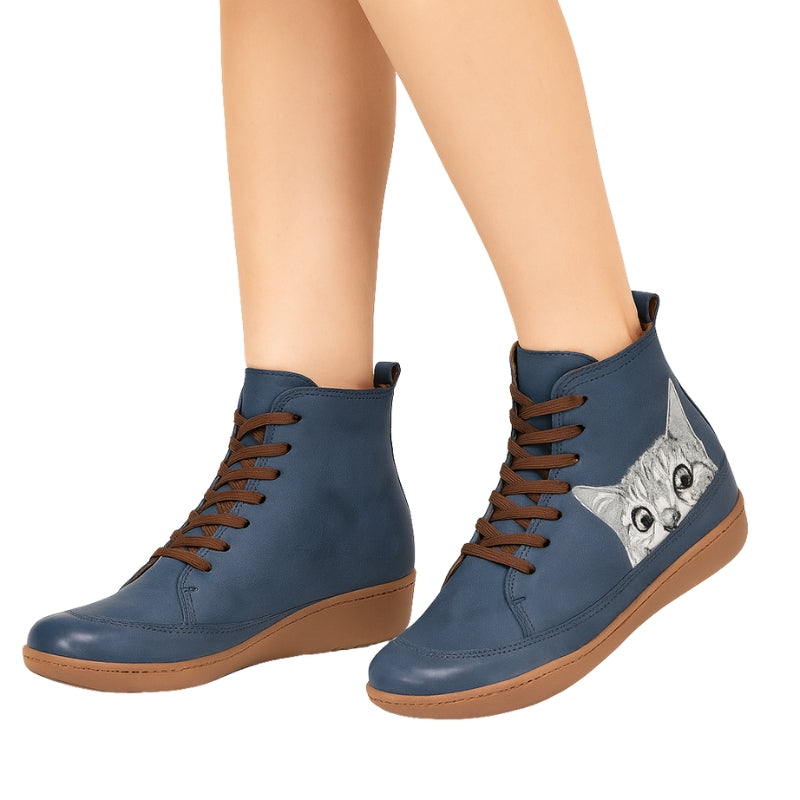 Angelika – Round Toe Ankle Boots with Cat Motif