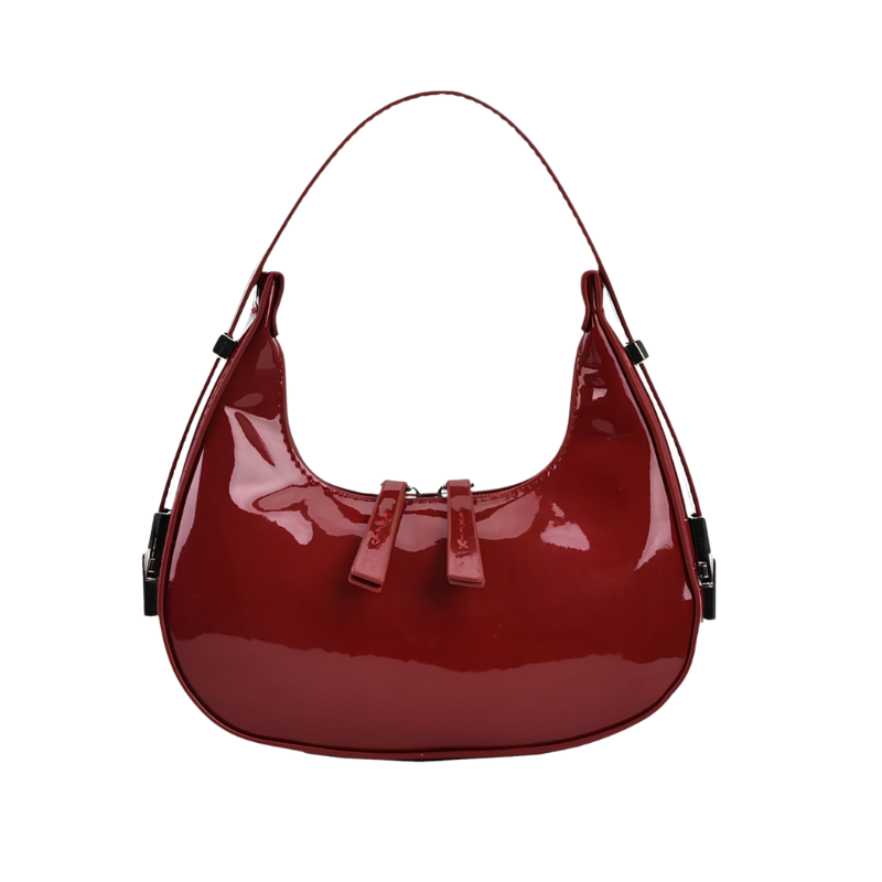 Selena - Patent Leather Half-Moon Bag With Zipped Pocket And Adjustable Strap