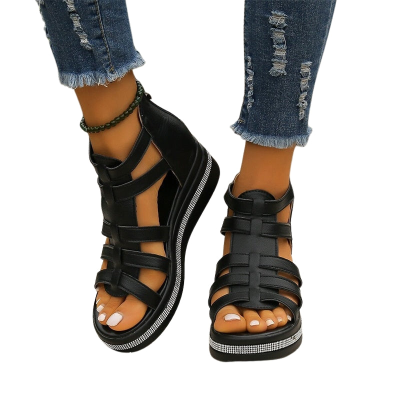 Sofia – Open-Toe Rhinestone Wedge Sandals with Breathable Upper
