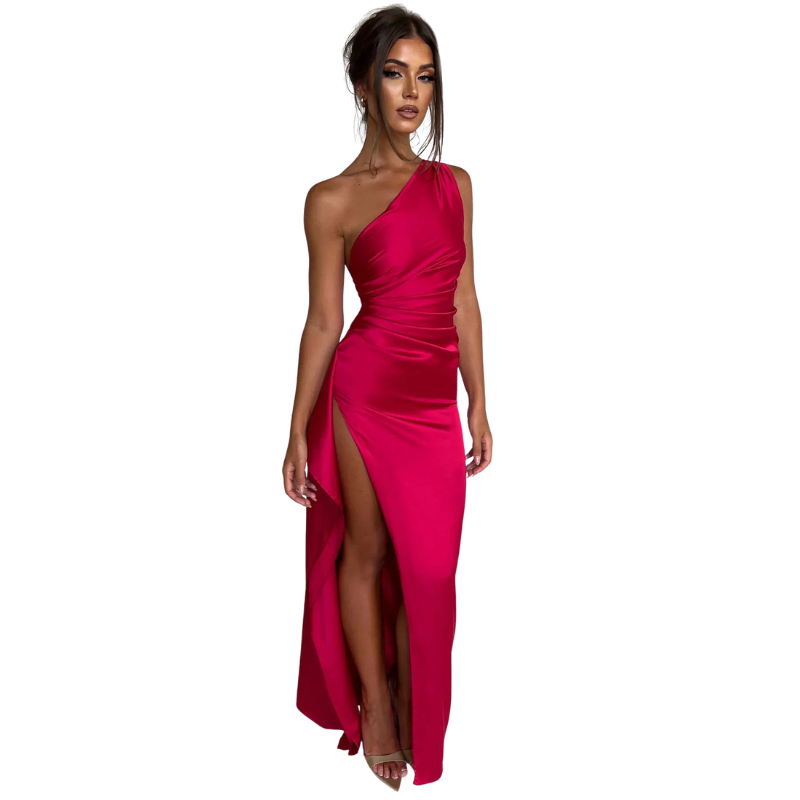 Eliana – Pleated Satin Dress with One-Shoulder Split Design