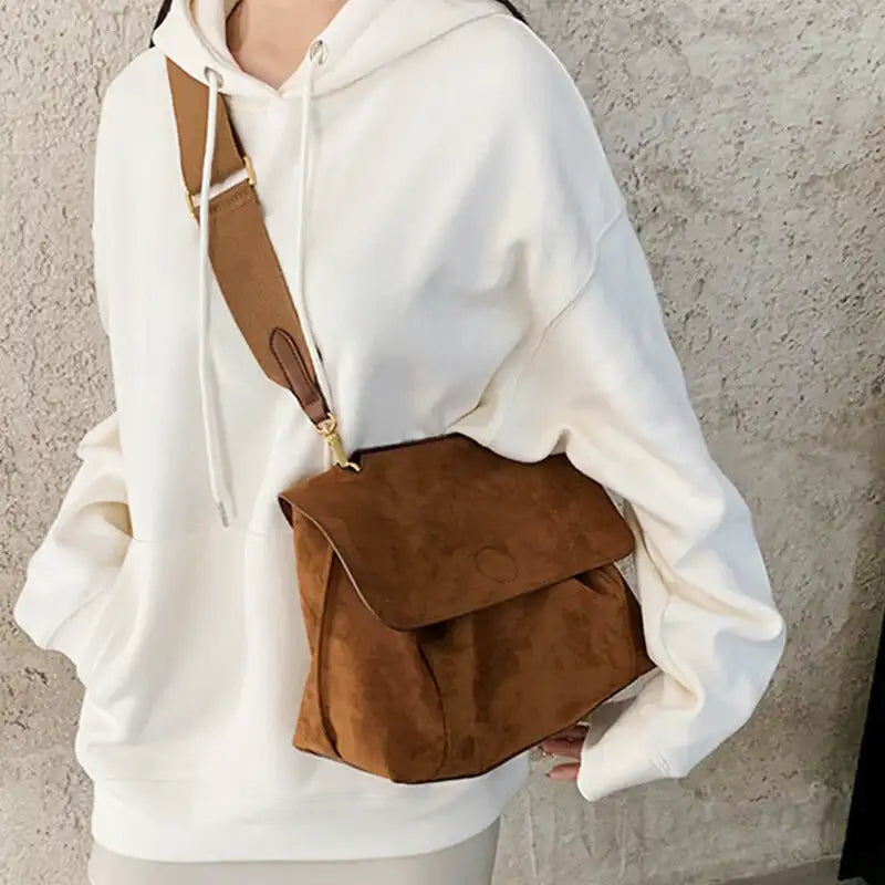 Elvira - Large Capacity Suede Shoulder Bag With Adjustable Strap And Zippered Pocket