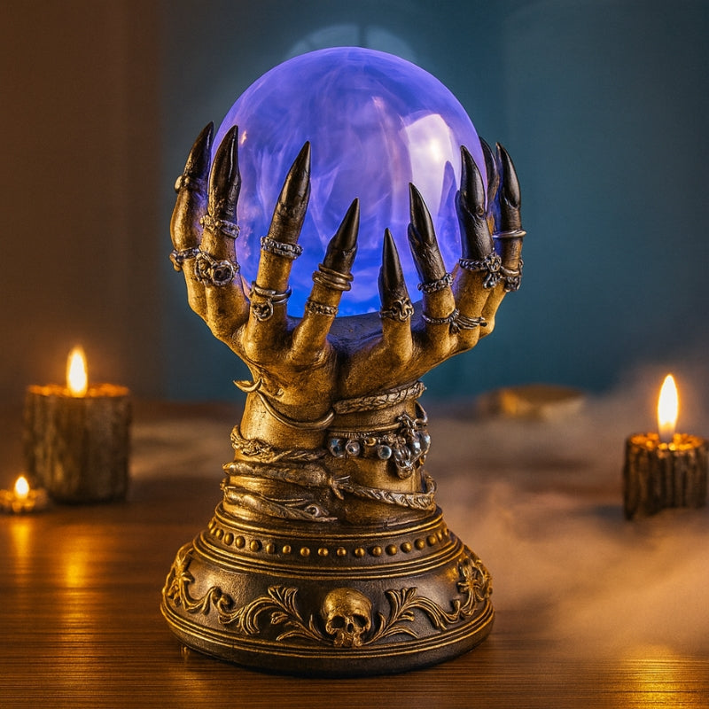 GothiGlow – Crystal Ball Table Lamp with Gothic Hand Design