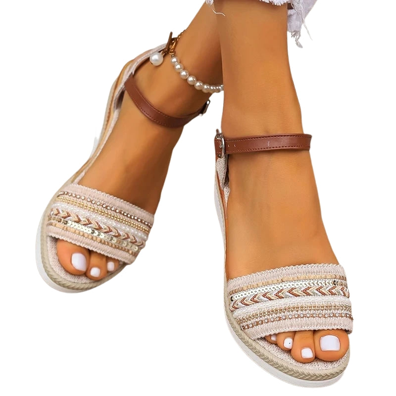 Celina – Thick Sole Embroidered Sandals with Adjustable Buckle