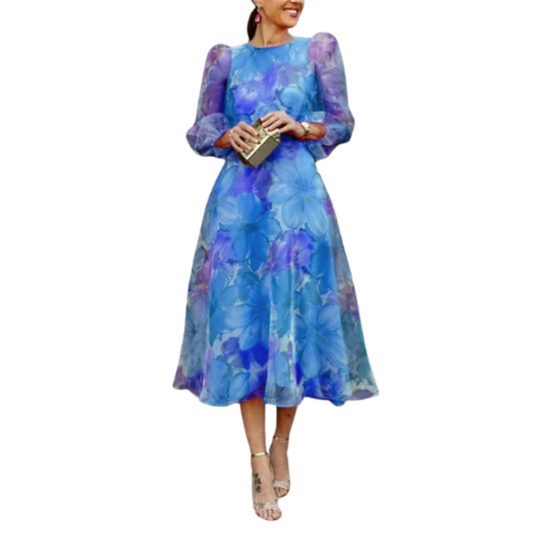 Angelika – Printed Dress with Long Sleeves and Round Neck