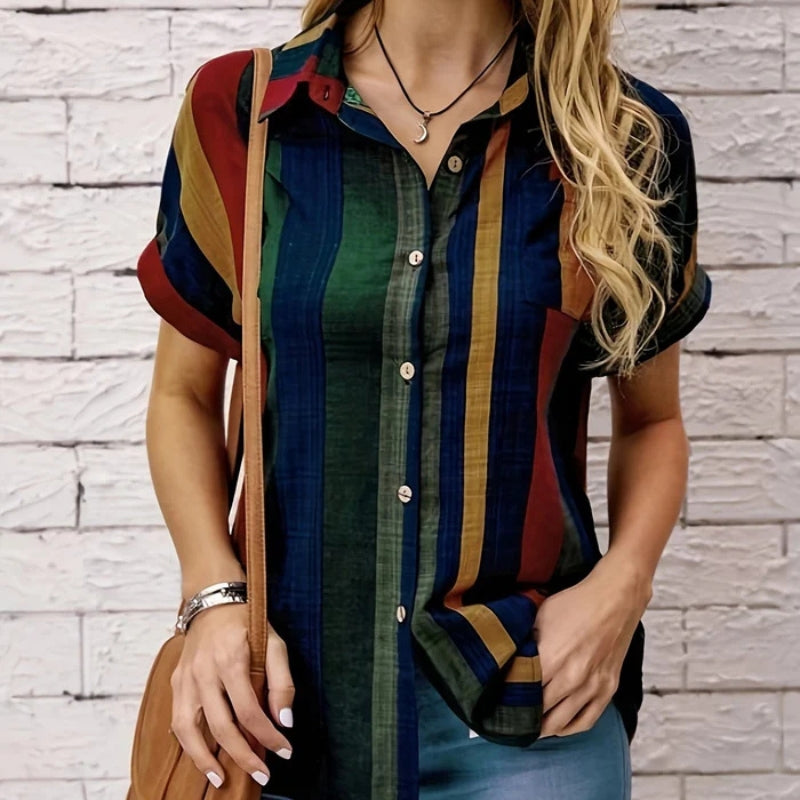 Clara – Striped Button-Down Blouse with Short Sleeves and Chest Pocket