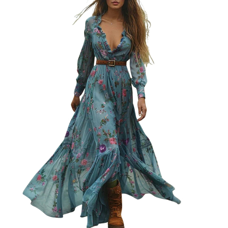 Valeria – Floral Maxi Dress with Long Sleeves, V-Neck and Pleated Design