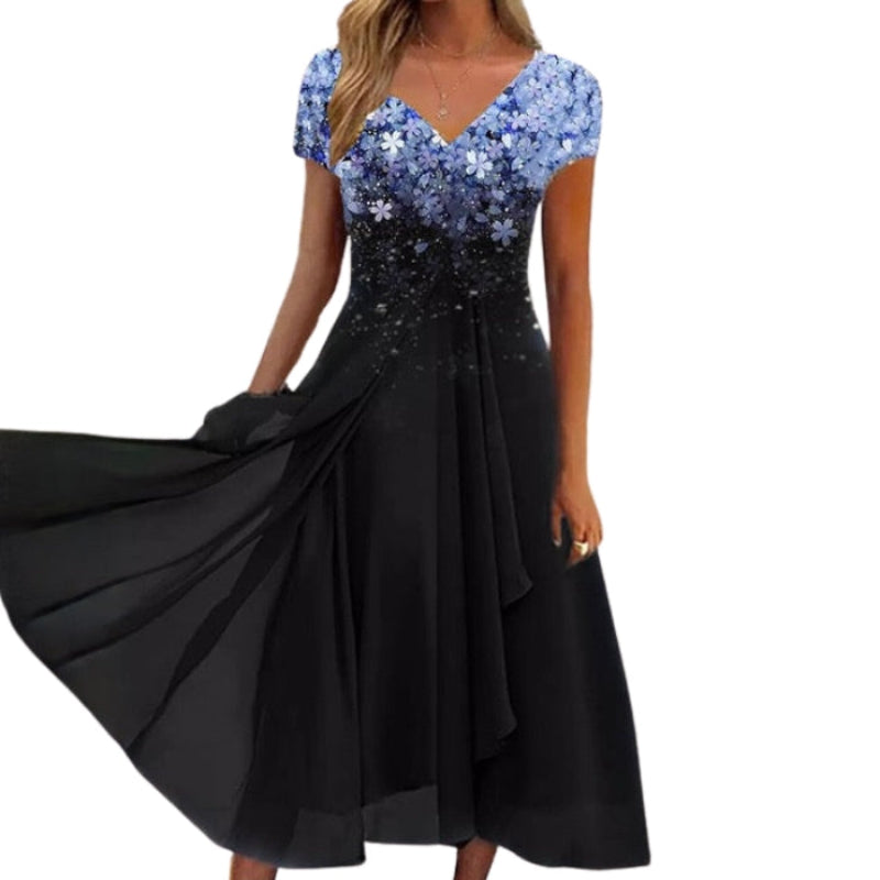 Elara – Maxi Dress with V-Neckline and Short Sleeves