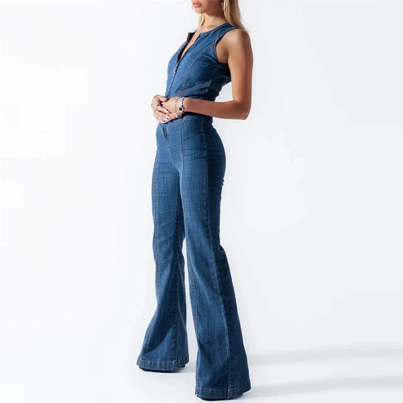 Sofia – Sleeveless Denim Jumpsuit with Zip Front and Flared Legs