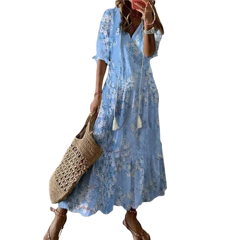 Isabelle – Casual Floral Print Dress with V-Neck and Short Sleeves