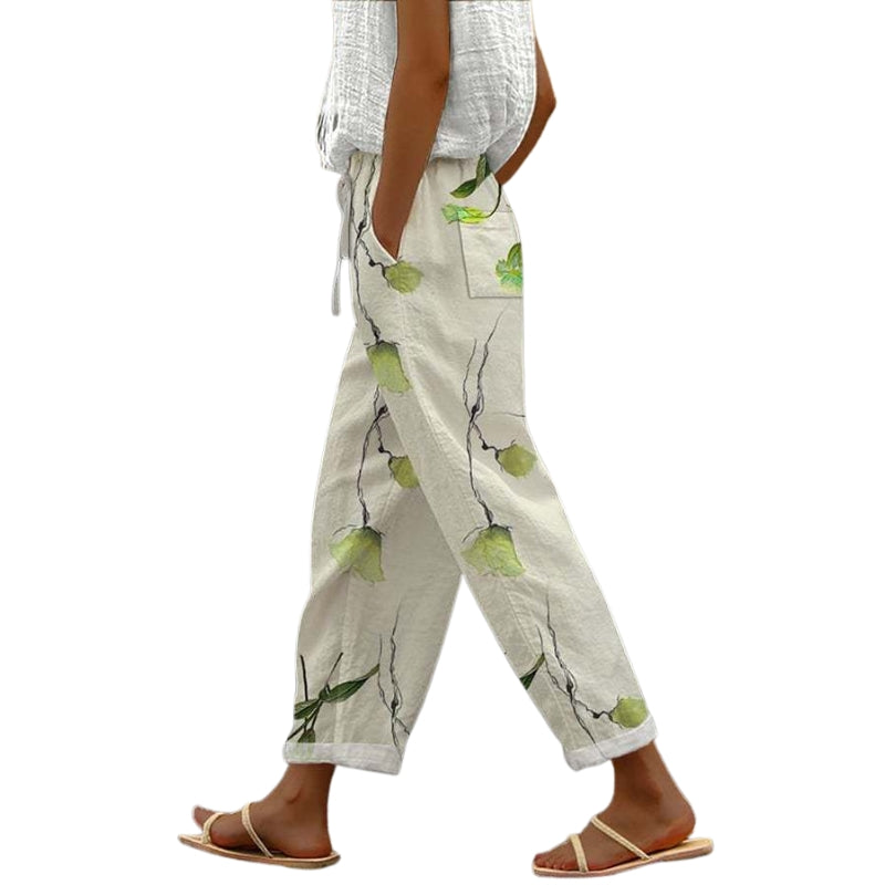 Emma – Loose Fit Floral Print Trousers with Rolled Legs and Drawstring Waist