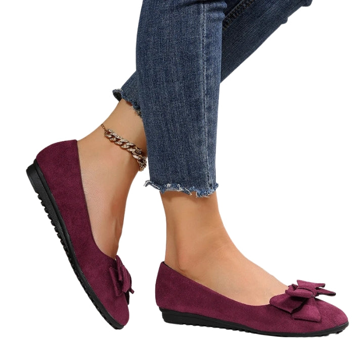 Hannah – Round Toe PU Flats with Bow Accent and Rubber Sole