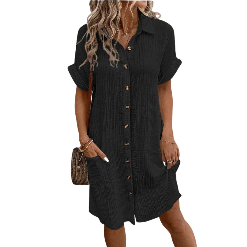Liora – Button-Down Short Sleeve Shirt Dress with Pockets