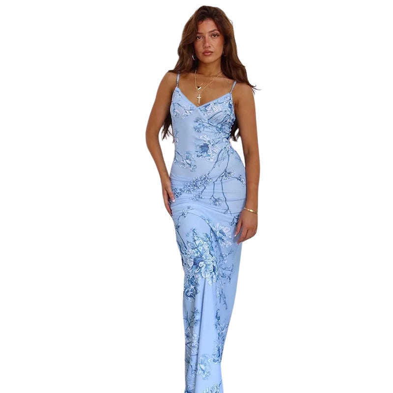Elara – Floral Maxi Dress with Spaghetti Straps and Slim Silhouette