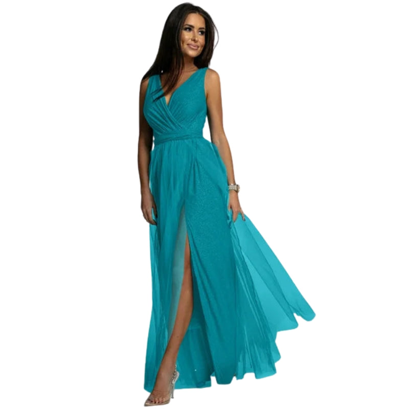 Selena – Women’s Sleeveless V-Neck Maxi Dress with Belted Waist and High Side Slits