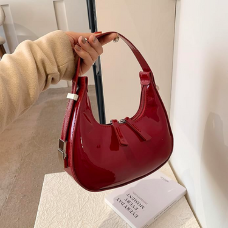 Selena - Patent Leather Half-Moon Bag With Zipped Pocket And Adjustable Strap