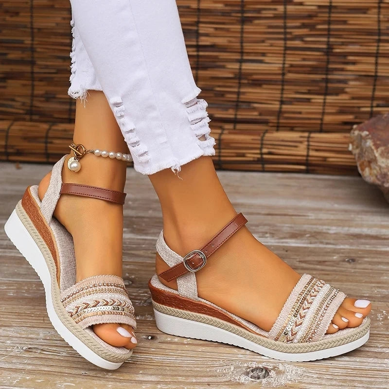 Celina – Thick Sole Embroidered Sandals with Adjustable Buckle