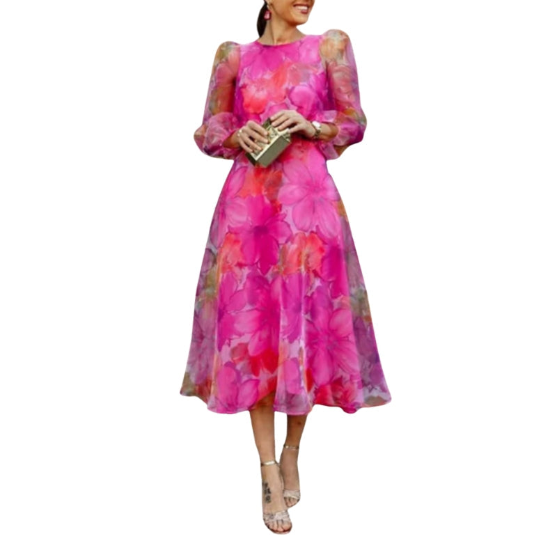 Angelika – Printed Dress with Long Sleeves and Round Neck