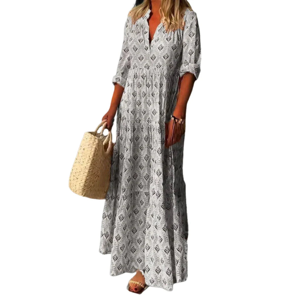 Leona – Long Sleeve V-Neck Floral Print Dress