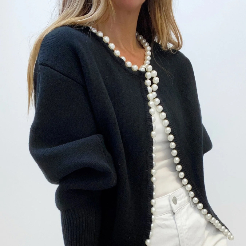 Maribel – Knit Cardigan With Pearl Trim and Ripped Hem