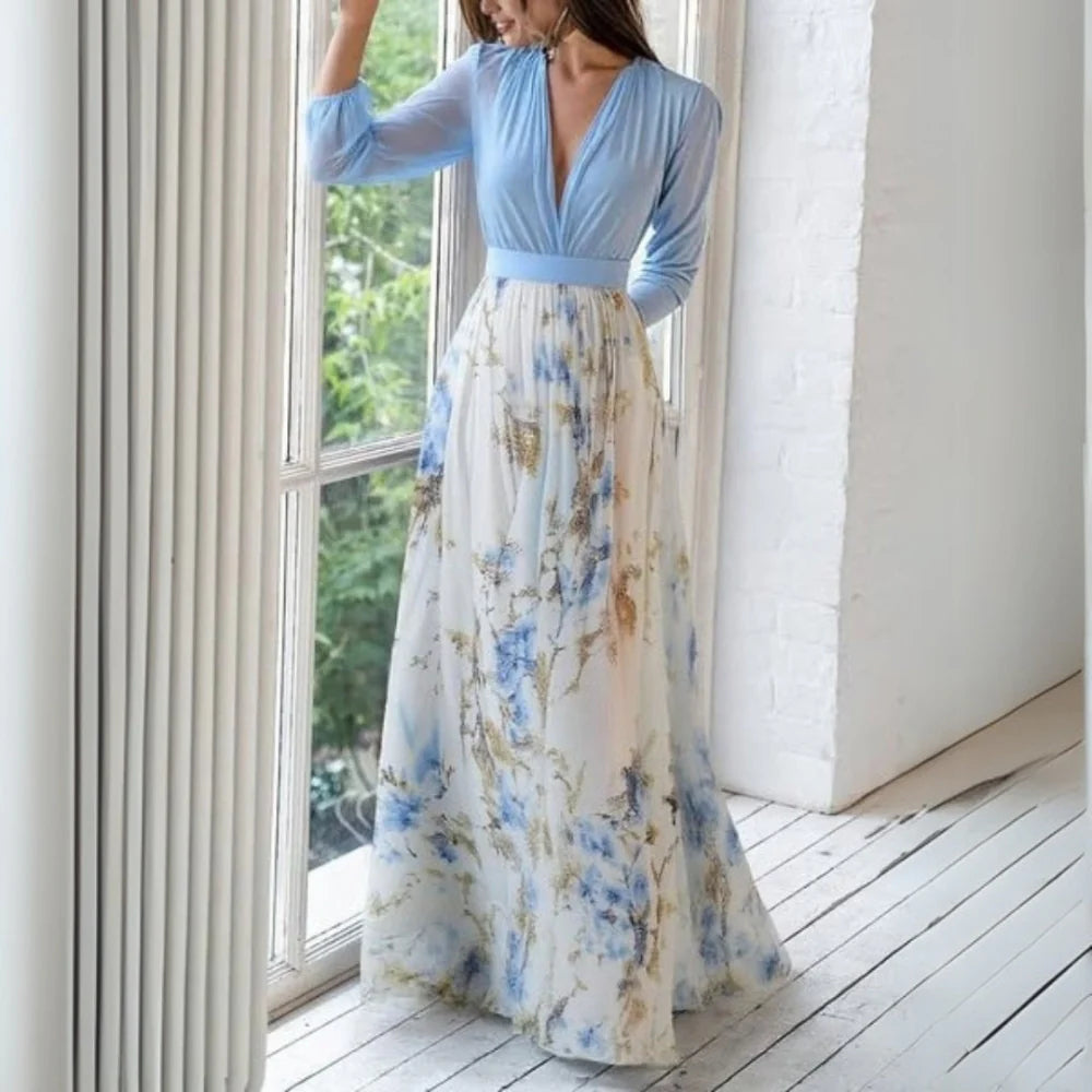 Elina – Long Sleeve Maxi Dress with V-Neck and Watercolor Floral Print